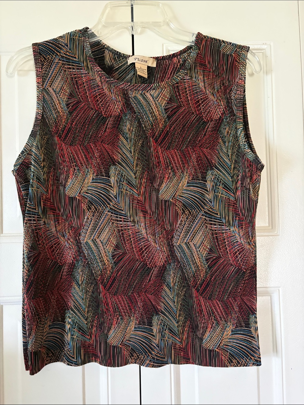 Vintage PLISSE 90s Indie Artsy Micro Pleated Shell Top Sz L Jewel Tones Abstract